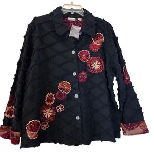 Fashion Bug Black Cotton Jacket Boho Flower Embellishments Artsy Plus 18/20 NWOT